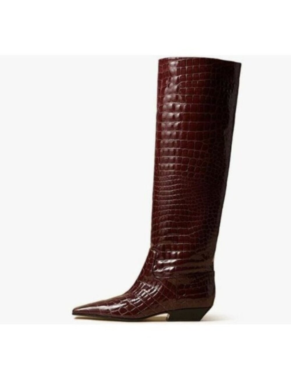 miss left Women Closed Square Toe Knee High Boot Wide Calf Low Chunky Heels Flat